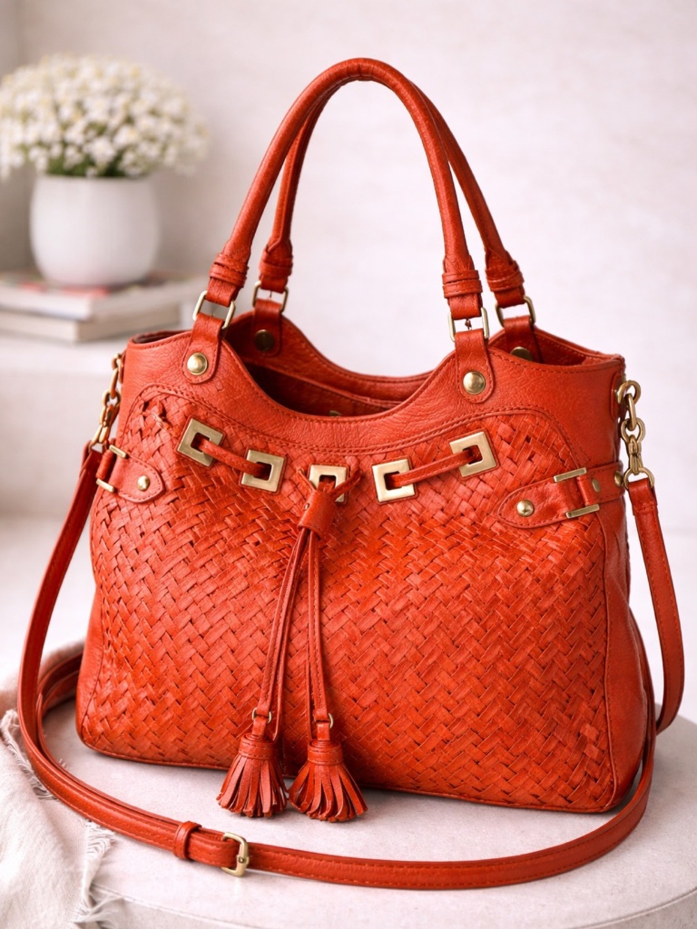 Cole Haan Orange Woven Leather Hobo Shoulder Bag structured bag